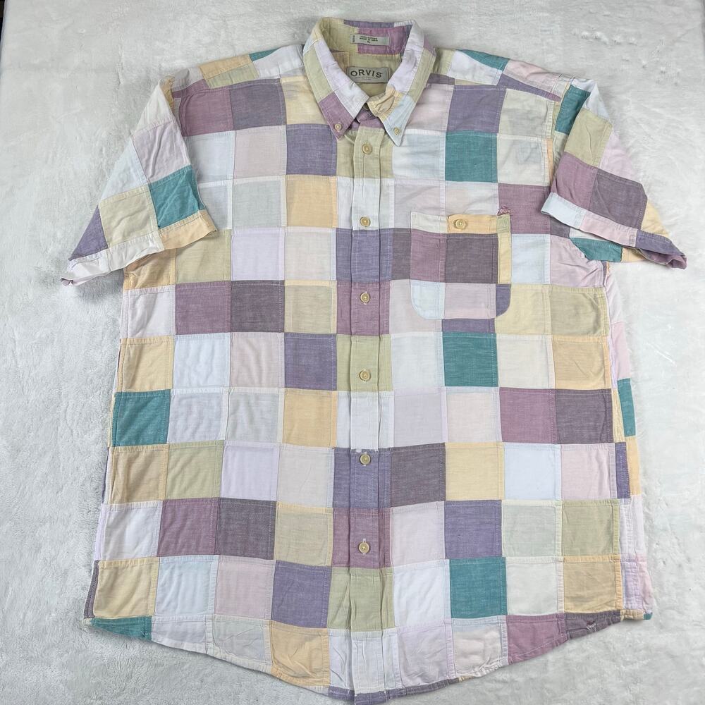 Orvis Color Black Patchwork Button Down Shirt Men's size XL Pastels